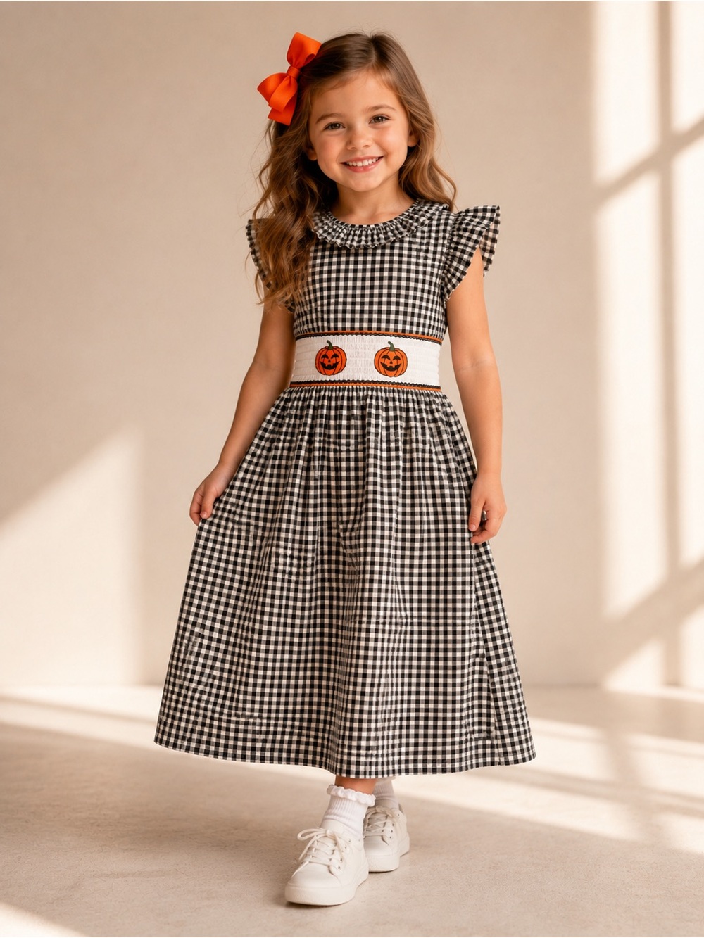 Lil Cactus Girls Halloween Dress Gingham Pumpkin Boo Orange Trim Fall Festival